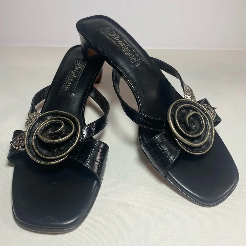Brighton Kassie 6.5 Black Heeled Sandals with Silver Accents